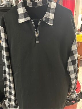 Men's Black Half-Zip Shirt with Black & White Plaid Trim